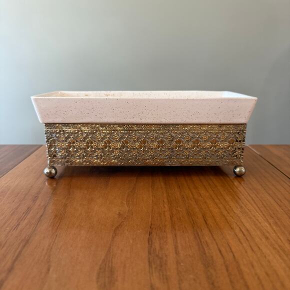 Planter Inc USA 1994 Rectangle Brass Stand 9 x 4 x 3.5 Speckled Pottery Vintage - Picture 2 of 16